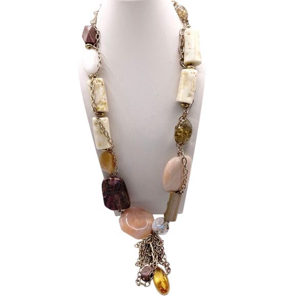 Vintage Multi Gemstones Chunky Necklace Quartz Amber 1990s 24” Pendant - Picture 1 of 5